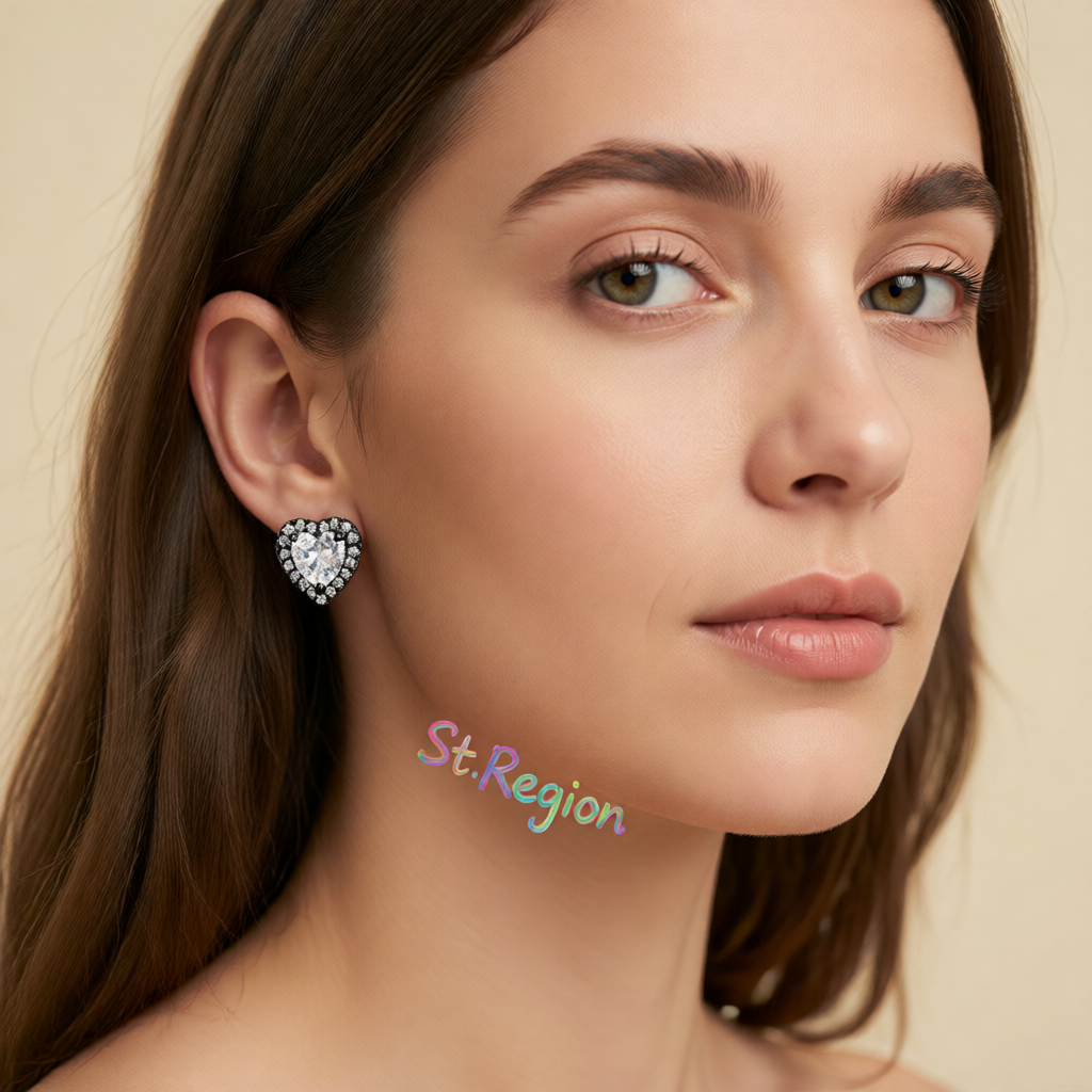 Clear Crystal & Cubic Zirconia Rhodium-Plated Halo Heart Stud Earrings