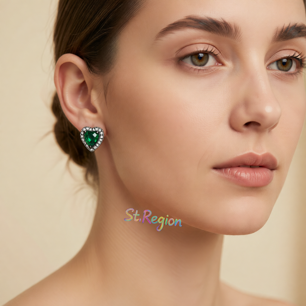 Green Crystal & Cubic Zirconia Rhodium-Plated Halo Heart Stud Earrings