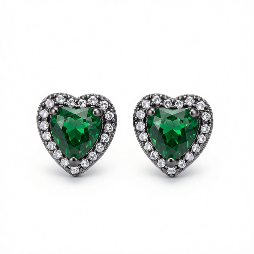 Green Crystal & Cubic Zirconia Rhodium-Plated Halo Heart Stud Earrings