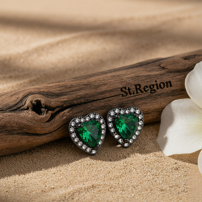 Green Crystal & Cubic Zirconia Rhodium-Plated Halo Heart Stud Earrings