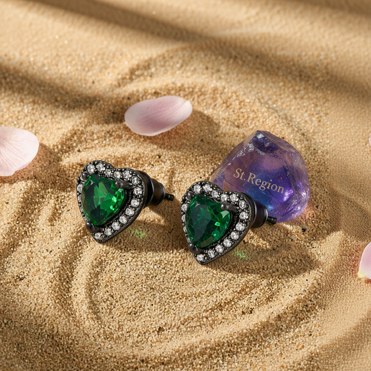 Green Crystal & Cubic Zirconia Rhodium-Plated Halo Heart Stud Earrings
