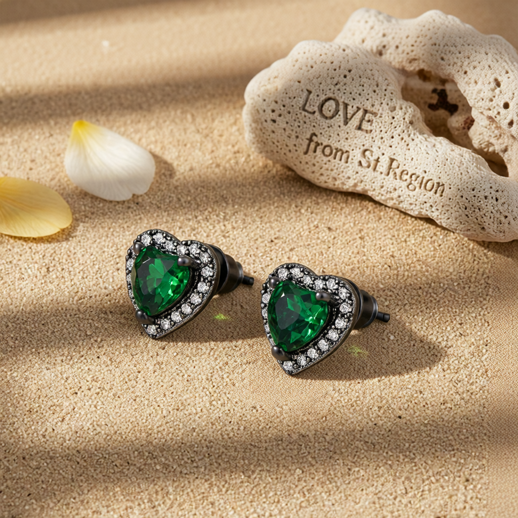 Green Crystal & Cubic Zirconia Rhodium-Plated Halo Heart Stud Earrings