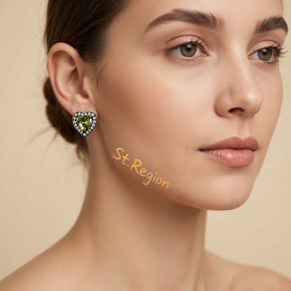 Olive Crystal & Cubic Zirconia Rhodium-Plated Halo Heart Stud Earrings