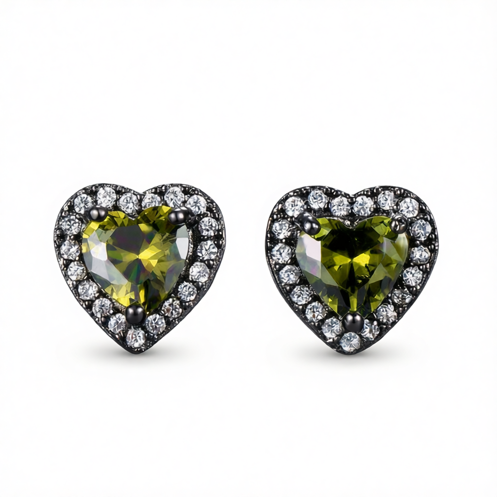 Olive Crystal & Cubic Zirconia Rhodium-Plated Halo Heart Stud Earrings