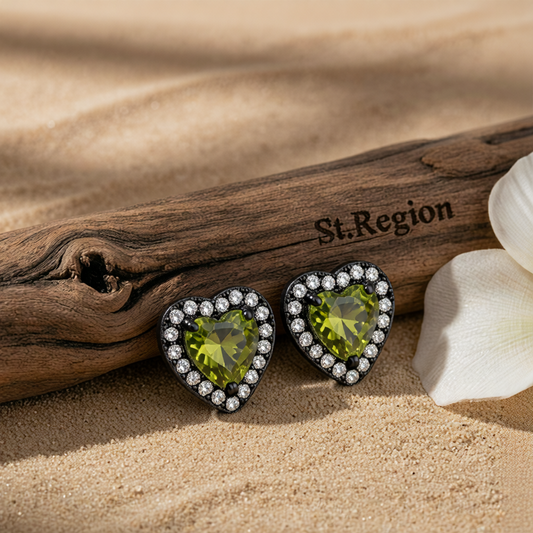 Olive Crystal & Cubic Zirconia Rhodium-Plated Halo Heart Stud Earrings