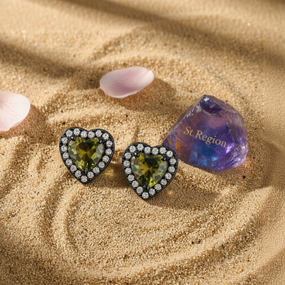 Olive Crystal & Cubic Zirconia Rhodium-Plated Halo Heart Stud Earrings