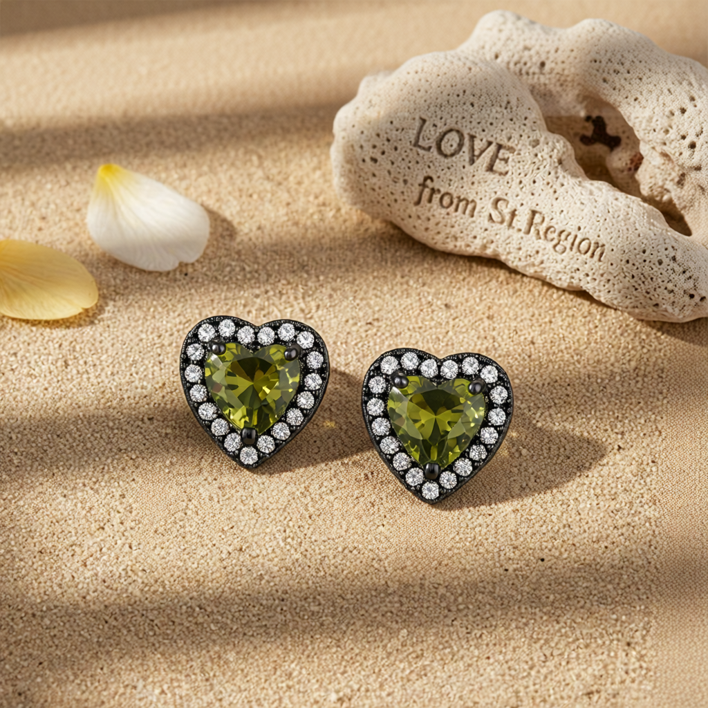 Olive Crystal & Cubic Zirconia Rhodium-Plated Halo Heart Stud Earrings
