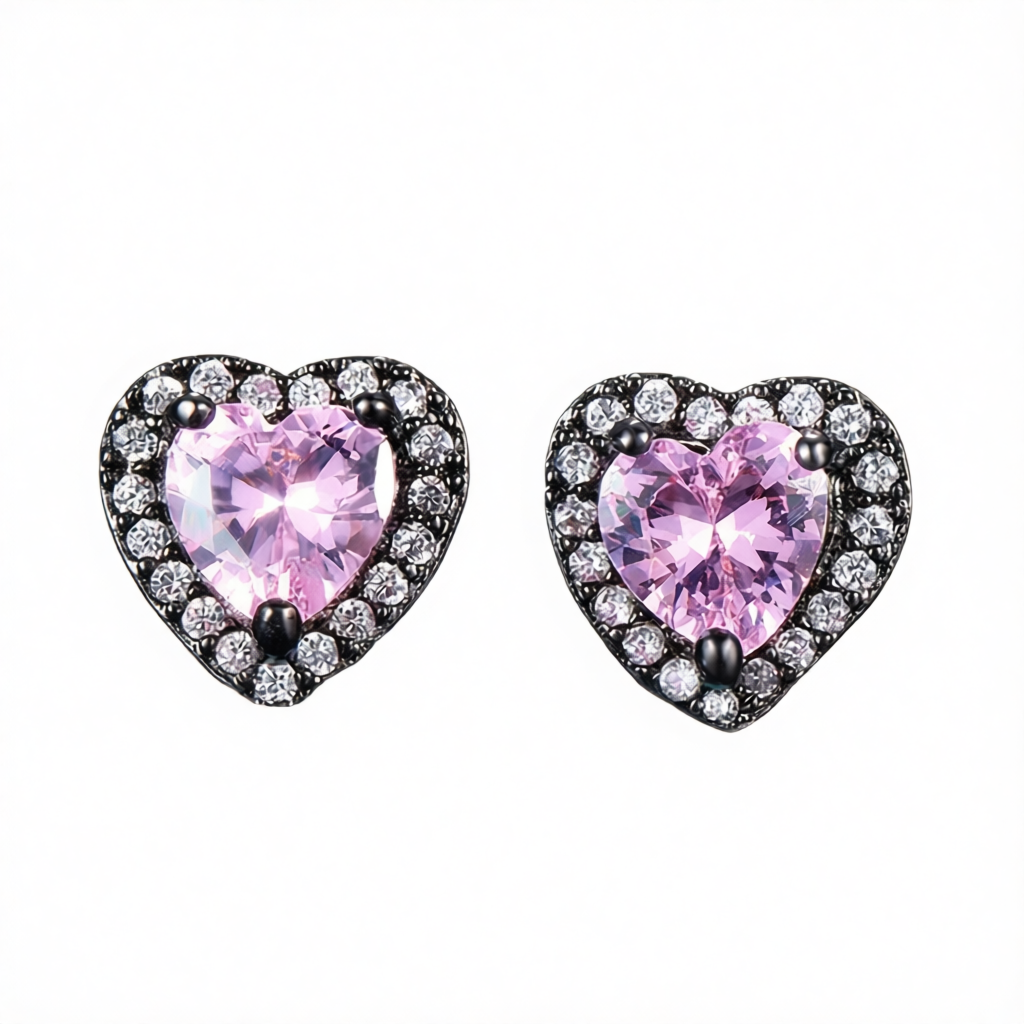 Pink Crystal & Cubic Zirconia Rhodium-Plated Halo Heart Stud Earrings