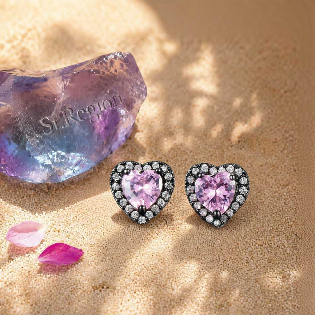 Pink Crystal & Cubic Zirconia Rhodium-Plated Halo Heart Stud Earrings