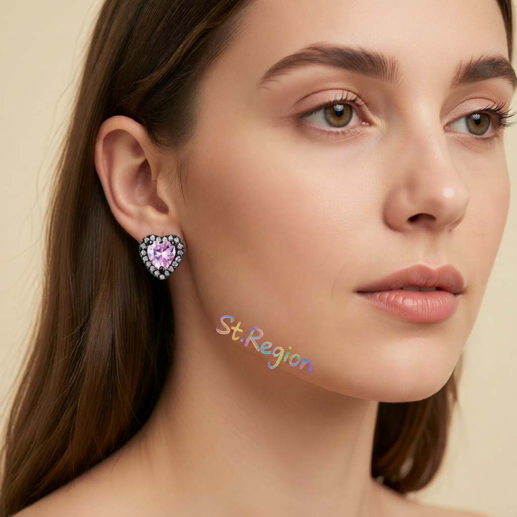 Pink Crystal & Cubic Zirconia Rhodium-Plated Halo Heart Stud Earrings