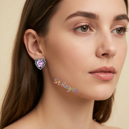 Pink Crystal & Cubic Zirconia Rhodium-Plated Halo Heart Stud Earrings