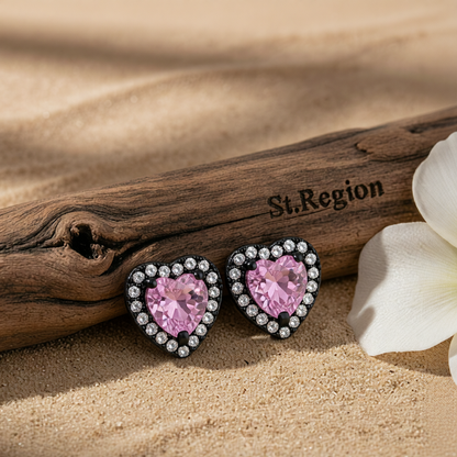 Pink Crystal & Cubic Zirconia Rhodium-Plated Halo Heart Stud Earrings