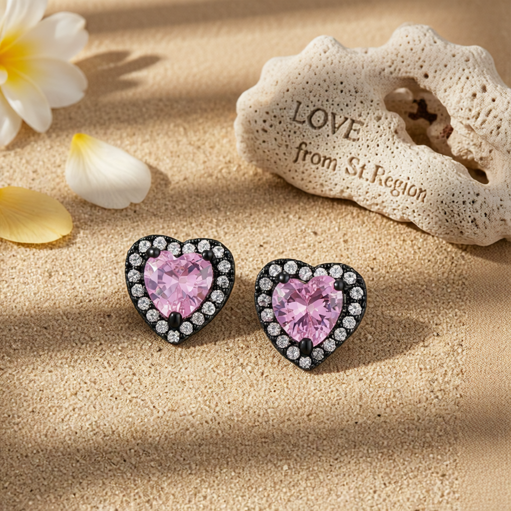 Pink Crystal & Cubic Zirconia Rhodium-Plated Halo Heart Stud Earrings