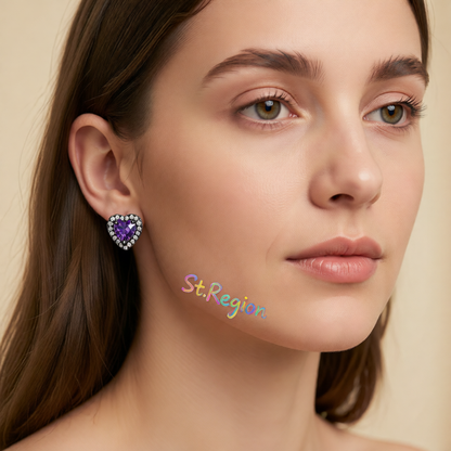 Purple Crystal & Cubic Zirconia Rhodium-Plated Halo Heart Stud Earrings