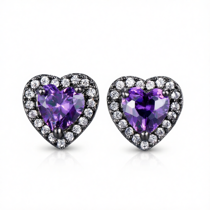 Purple Crystal & Cubic Zirconia Rhodium-Plated Halo Heart Stud Earrings