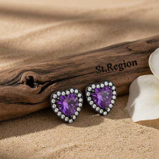 Purple Crystal & Cubic Zirconia Rhodium-Plated Halo Heart Stud Earrings