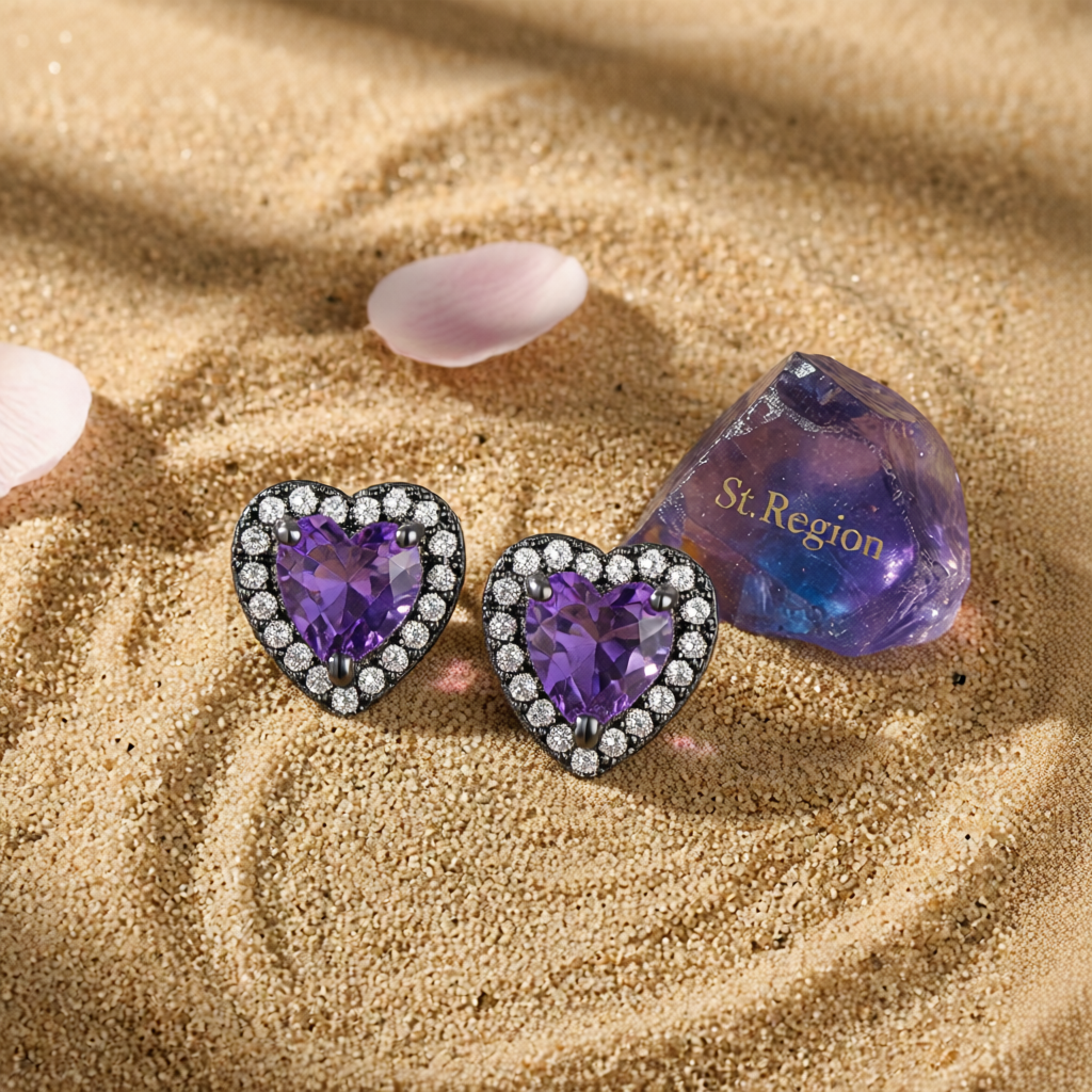 Purple Crystal & Cubic Zirconia Rhodium-Plated Halo Heart Stud Earrings