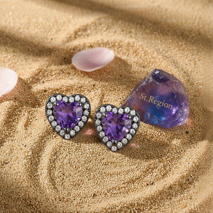 Purple Crystal & Cubic Zirconia Rhodium-Plated Halo Heart Stud Earrings