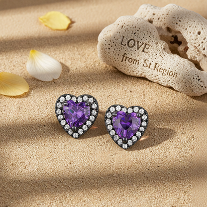 Purple Crystal & Cubic Zirconia Rhodium-Plated Halo Heart Stud Earrings