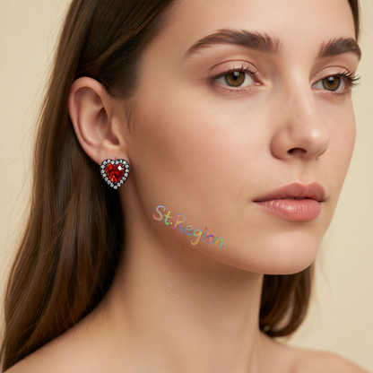 Red Crystal & Cubic Zirconia Rhodium-Plated Halo Heart Stud Earrings