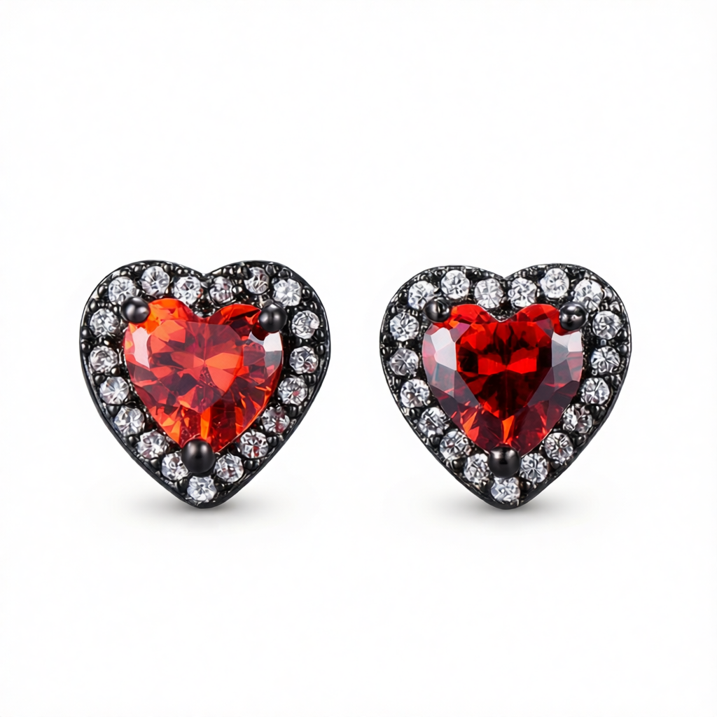 Red Crystal & Cubic Zirconia Rhodium-Plated Halo Heart Stud Earrings