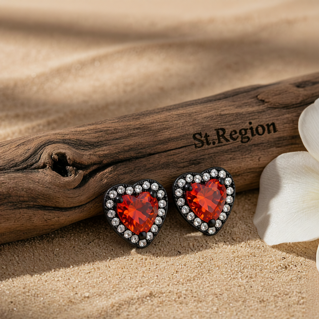 Red Crystal & Cubic Zirconia Rhodium-Plated Halo Heart Stud Earrings