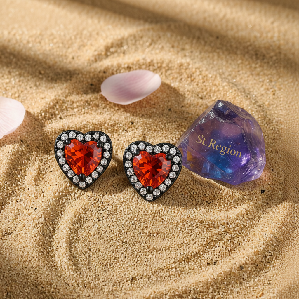 Red Crystal & Cubic Zirconia Rhodium-Plated Halo Heart Stud Earrings