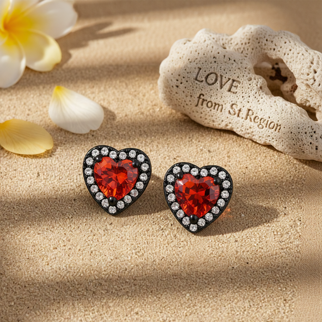 Red Crystal & Cubic Zirconia Rhodium-Plated Halo Heart Stud Earrings