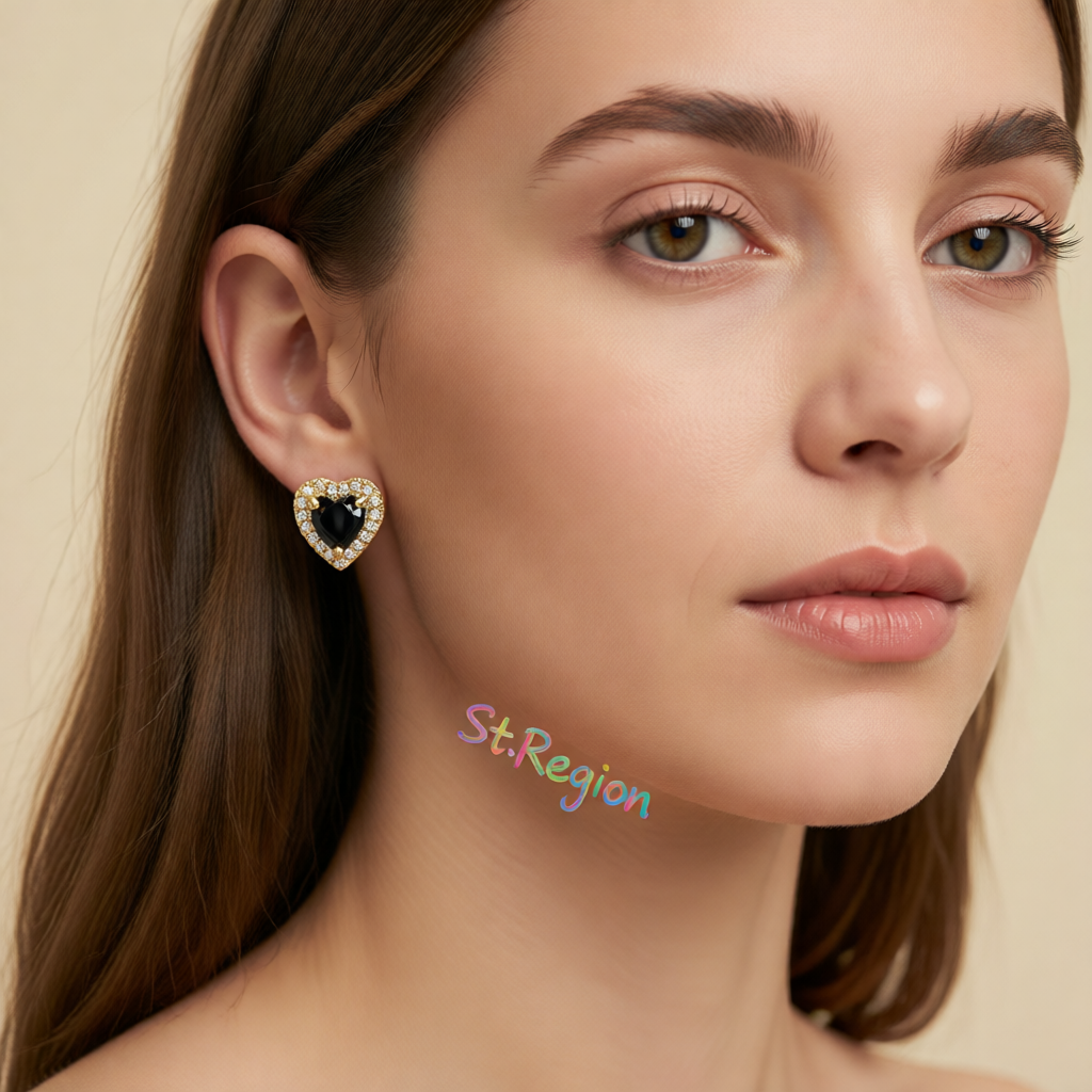 Black Crystal & Cubic Zirconia 18K Gold-Plated Halo Heart Stud Earrings