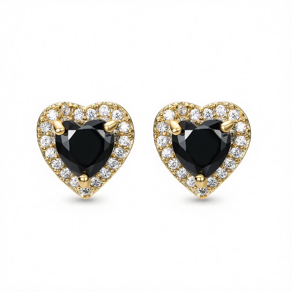 Black Crystal & Cubic Zirconia 18K Gold-Plated Halo Heart Stud Earrings