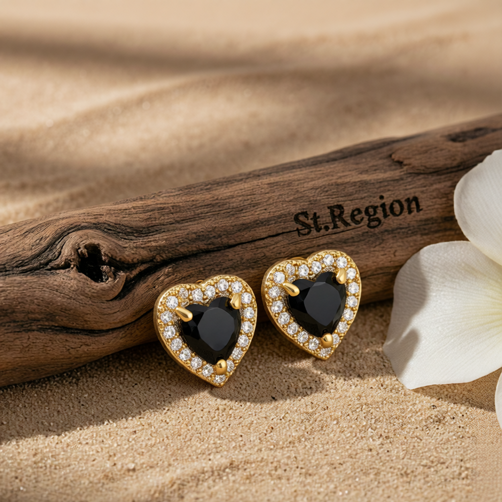Black Crystal & Cubic Zirconia 18K Gold-Plated Halo Heart Stud Earrings
