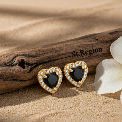 Black Crystal & Cubic Zirconia 18K Gold-Plated Halo Heart Stud Earrings