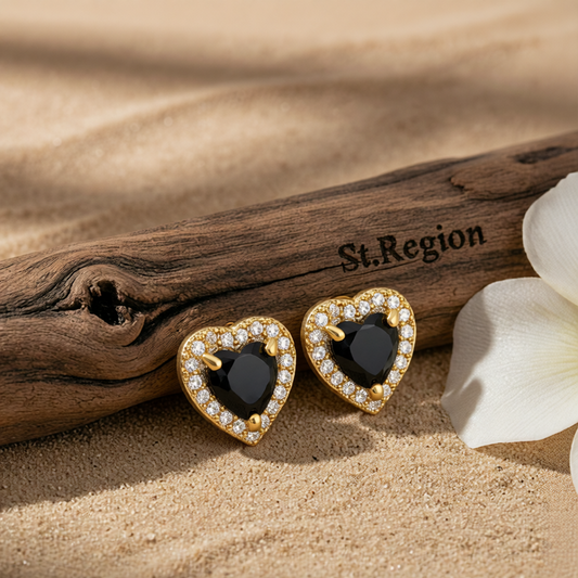 Black Crystal & Cubic Zirconia 18K Gold-Plated Halo Heart Stud Earrings