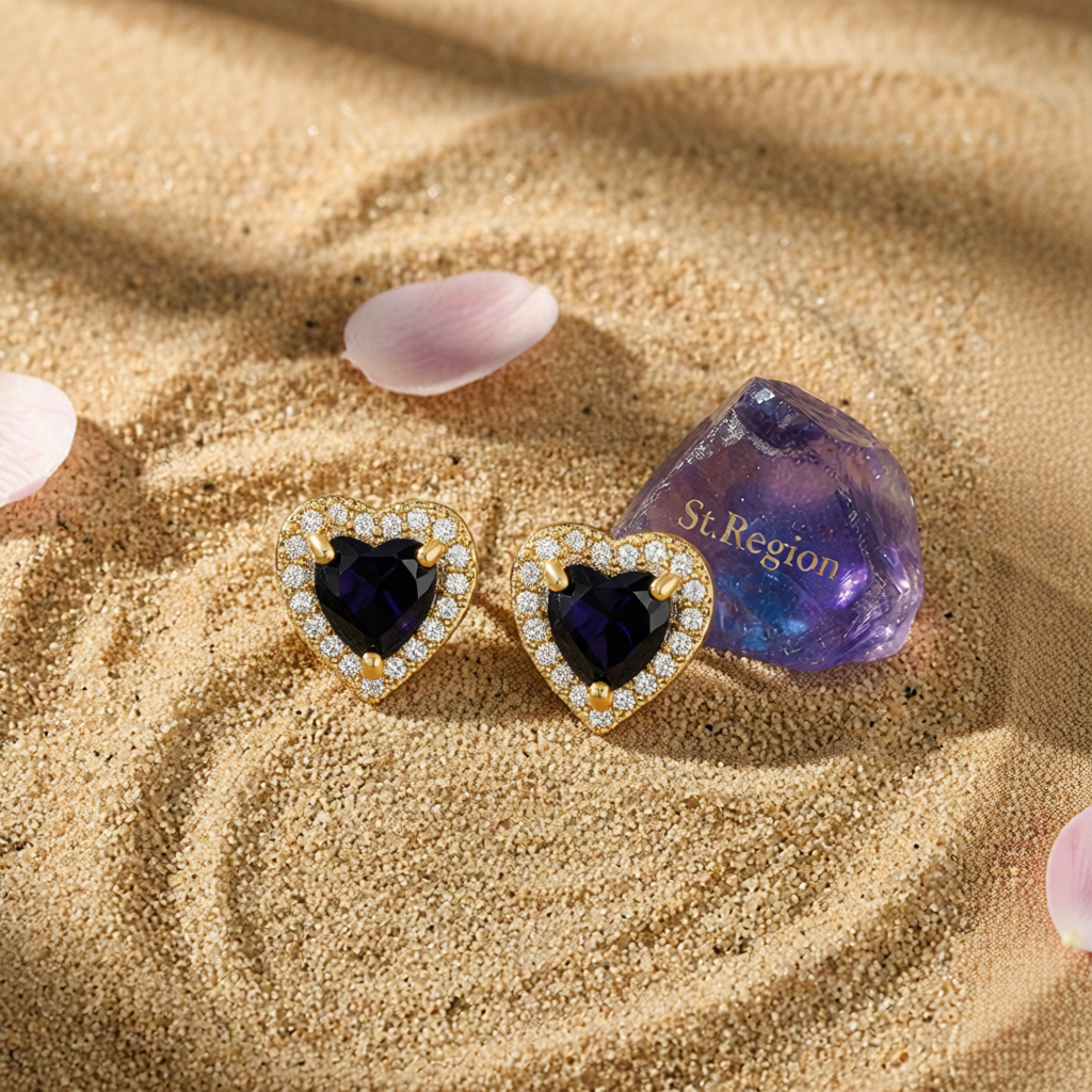 Black Crystal & Cubic Zirconia 18K Gold-Plated Halo Heart Stud Earrings
