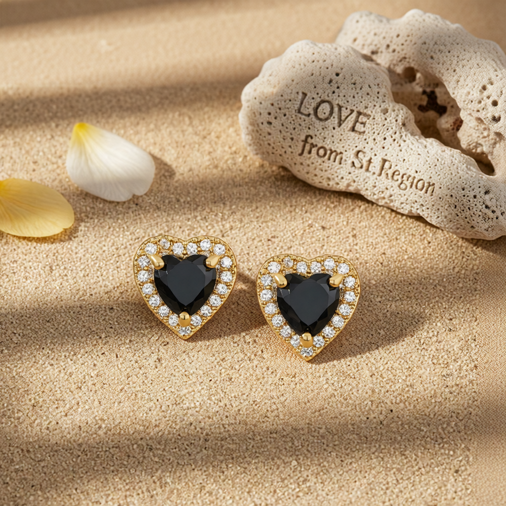 Black Crystal & Cubic Zirconia 18K Gold-Plated Halo Heart Stud Earrings