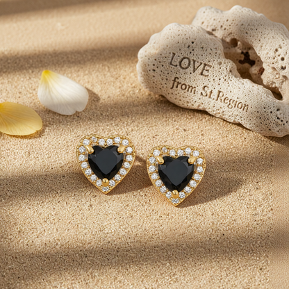 Black Crystal & Cubic Zirconia 18K Gold-Plated Halo Heart Stud Earrings