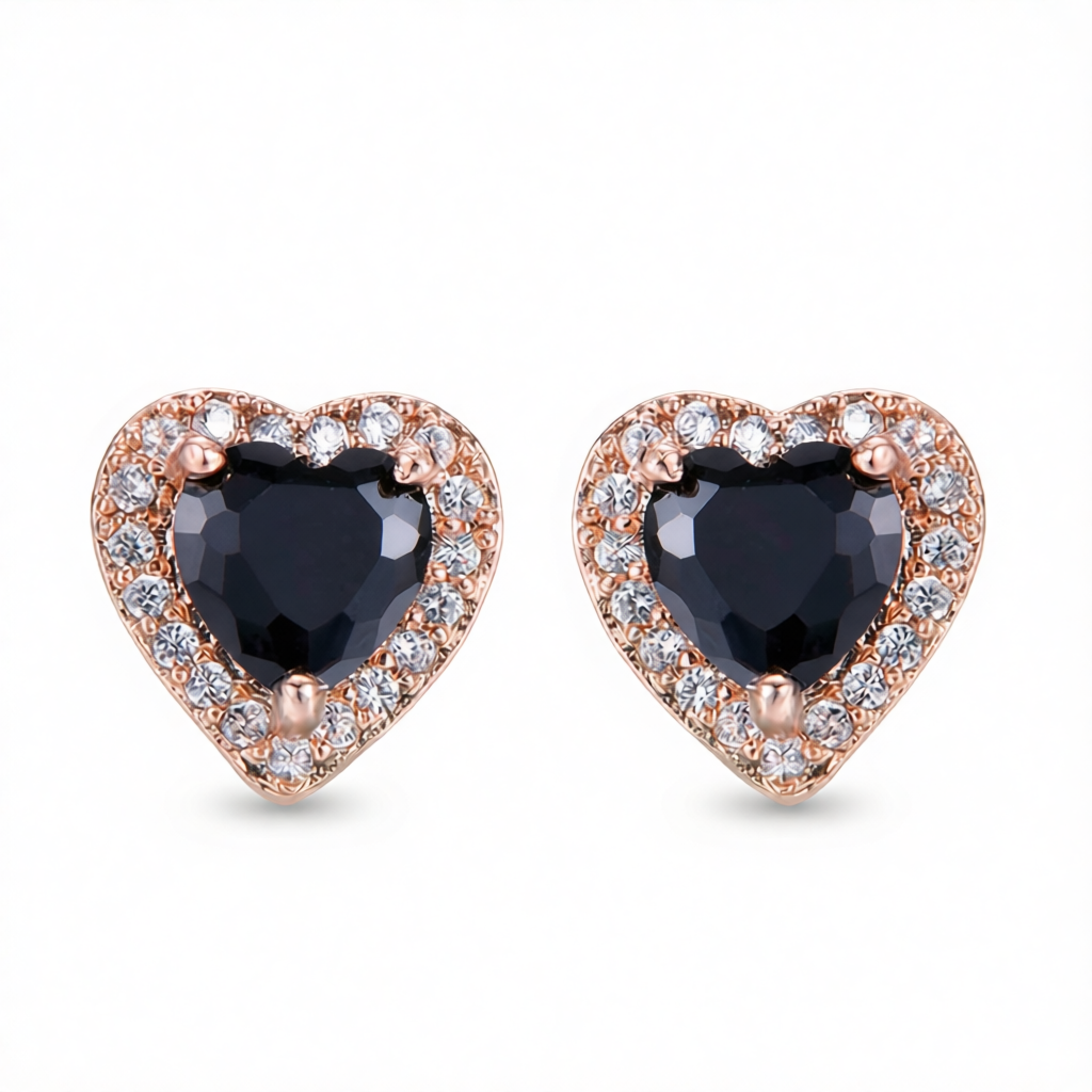 Black Crystal & Cubic Zirconia 18K Rose Gold-Plated Halo Heart Stud Earrings