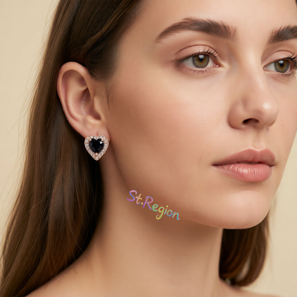 Black Crystal & Cubic Zirconia 18K Rose Gold-Plated Halo Heart Stud Earrings