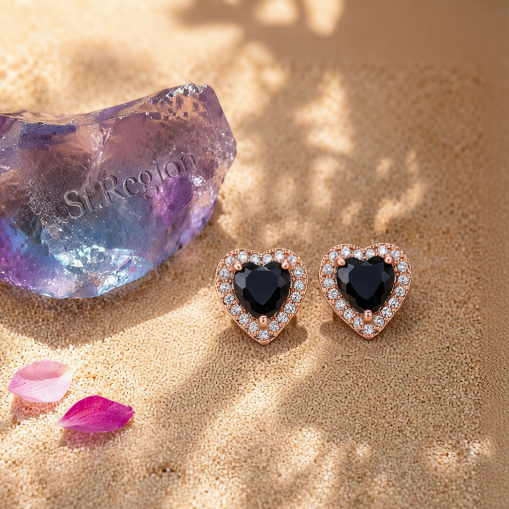Black Crystal & Cubic Zirconia 18K Rose Gold-Plated Halo Heart Stud Earrings