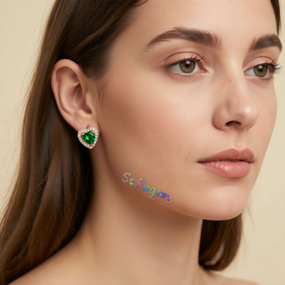 Green Crystal & Cubic Zirconia 18K Rose Gold-Plated Halo Heart Stud Earrings