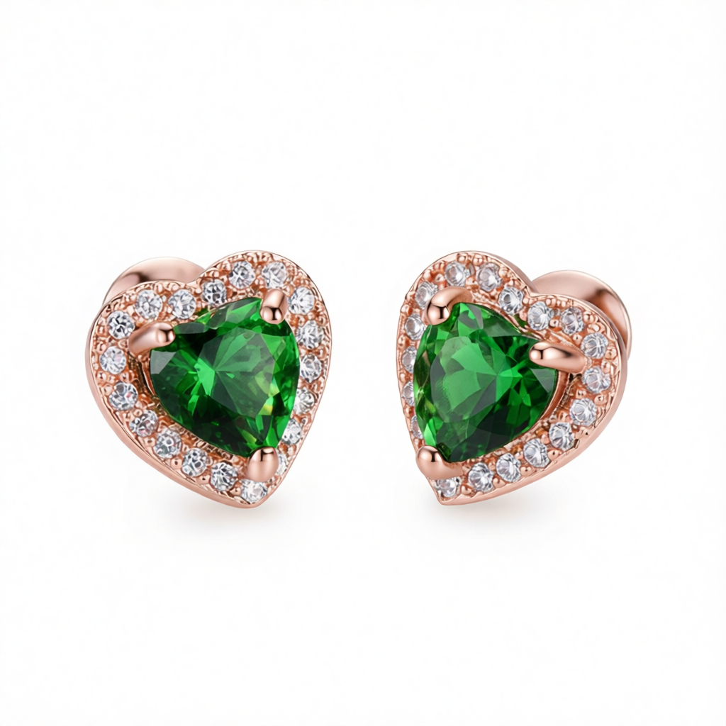 Green Crystal & Cubic Zirconia 18K Rose Gold-Plated Halo Heart Stud Earrings