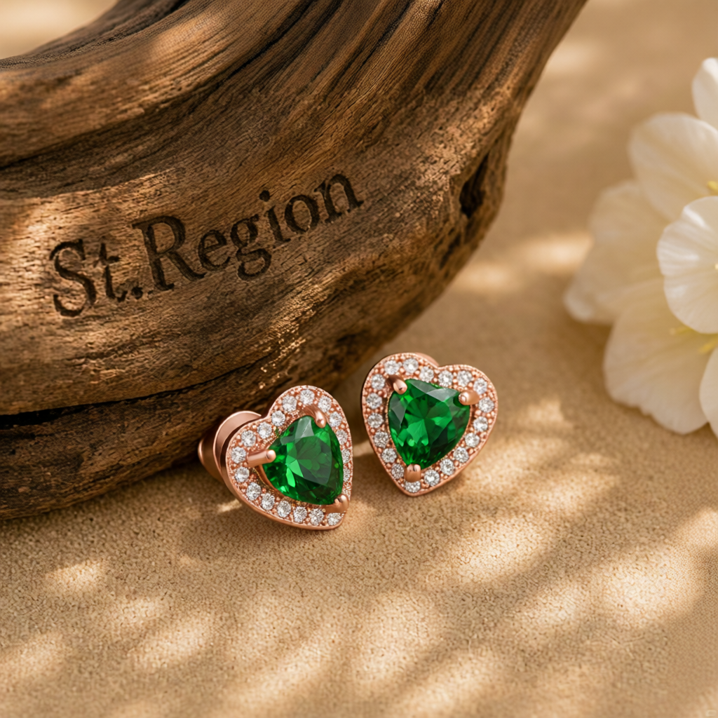 Green Crystal & Cubic Zirconia 18K Rose Gold-Plated Halo Heart Stud Earrings
