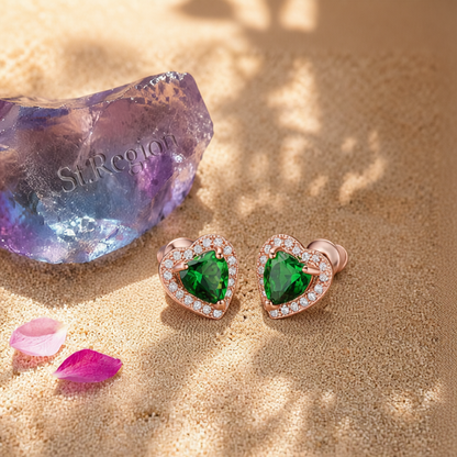 Green Crystal & Cubic Zirconia 18K Rose Gold-Plated Halo Heart Stud Earrings