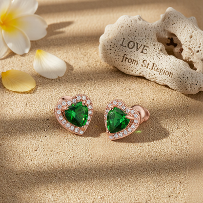 Green Crystal & Cubic Zirconia 18K Rose Gold-Plated Halo Heart Stud Earrings