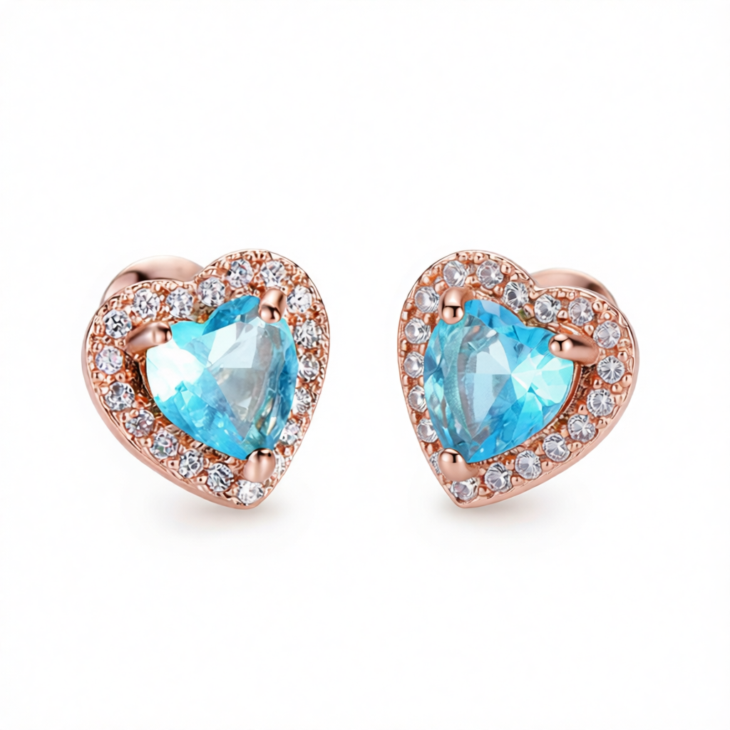 Light Blue Crystal & Cubic Zirconia 18K Rose Gold-Plated Halo Heart Stud Earrings