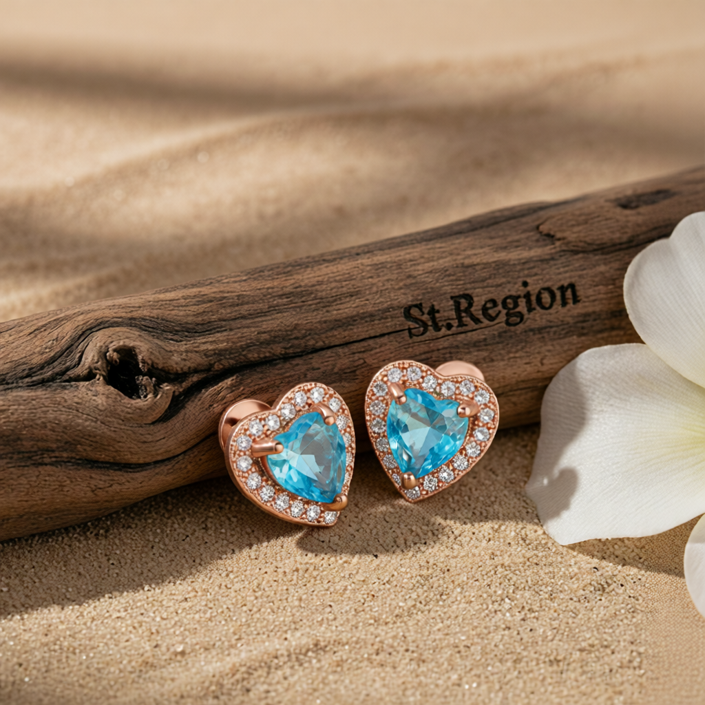 Light Blue Crystal & Cubic Zirconia 18K Rose Gold-Plated Halo Heart Stud Earrings