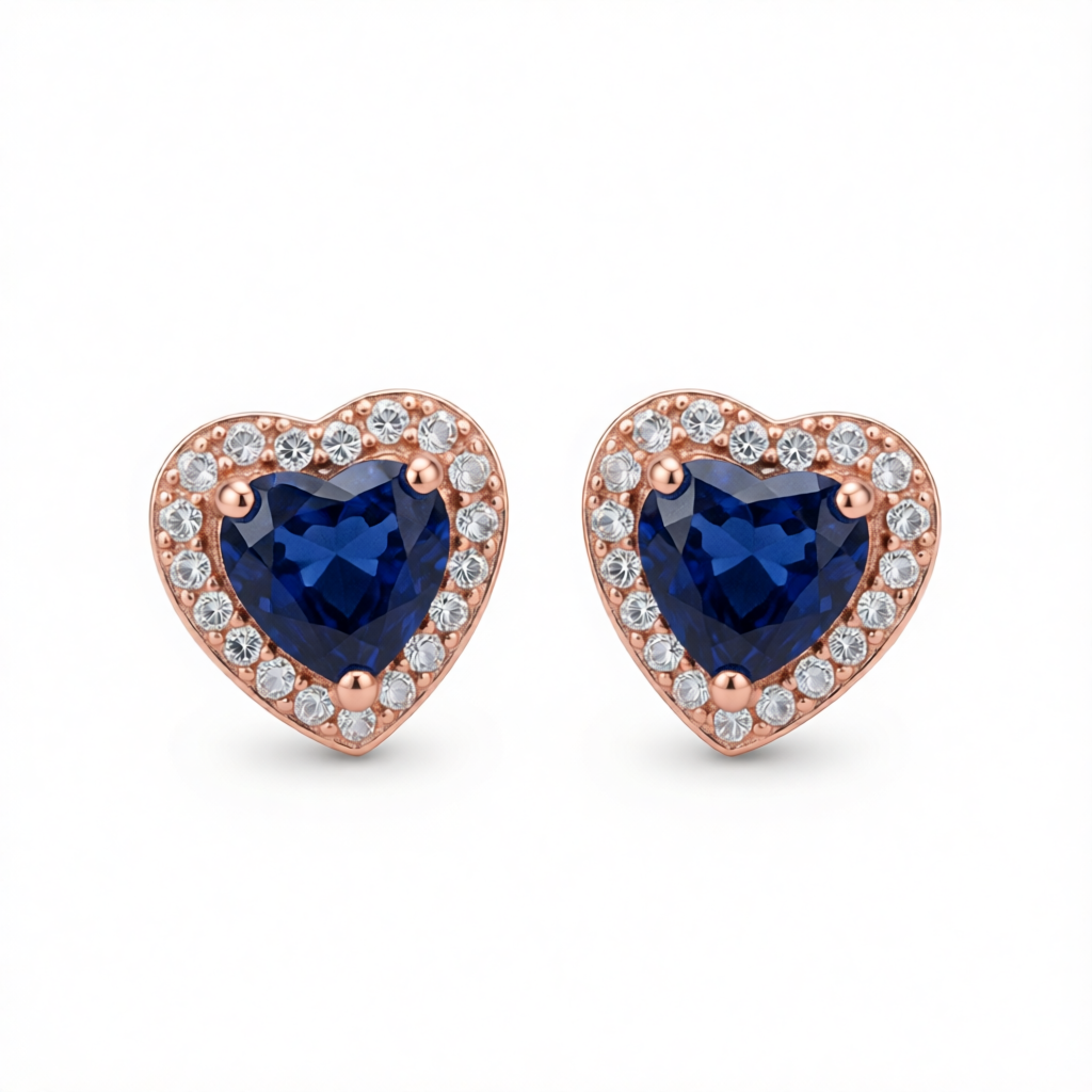 Navy Crystal & Cubic Zirconia 18K Rose Gold-Plated Halo Heart Stud Earrings