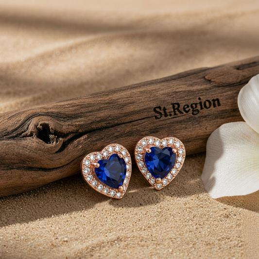 Navy Crystal & Cubic Zirconia 18K Rose Gold-Plated Halo Heart Stud Earrings