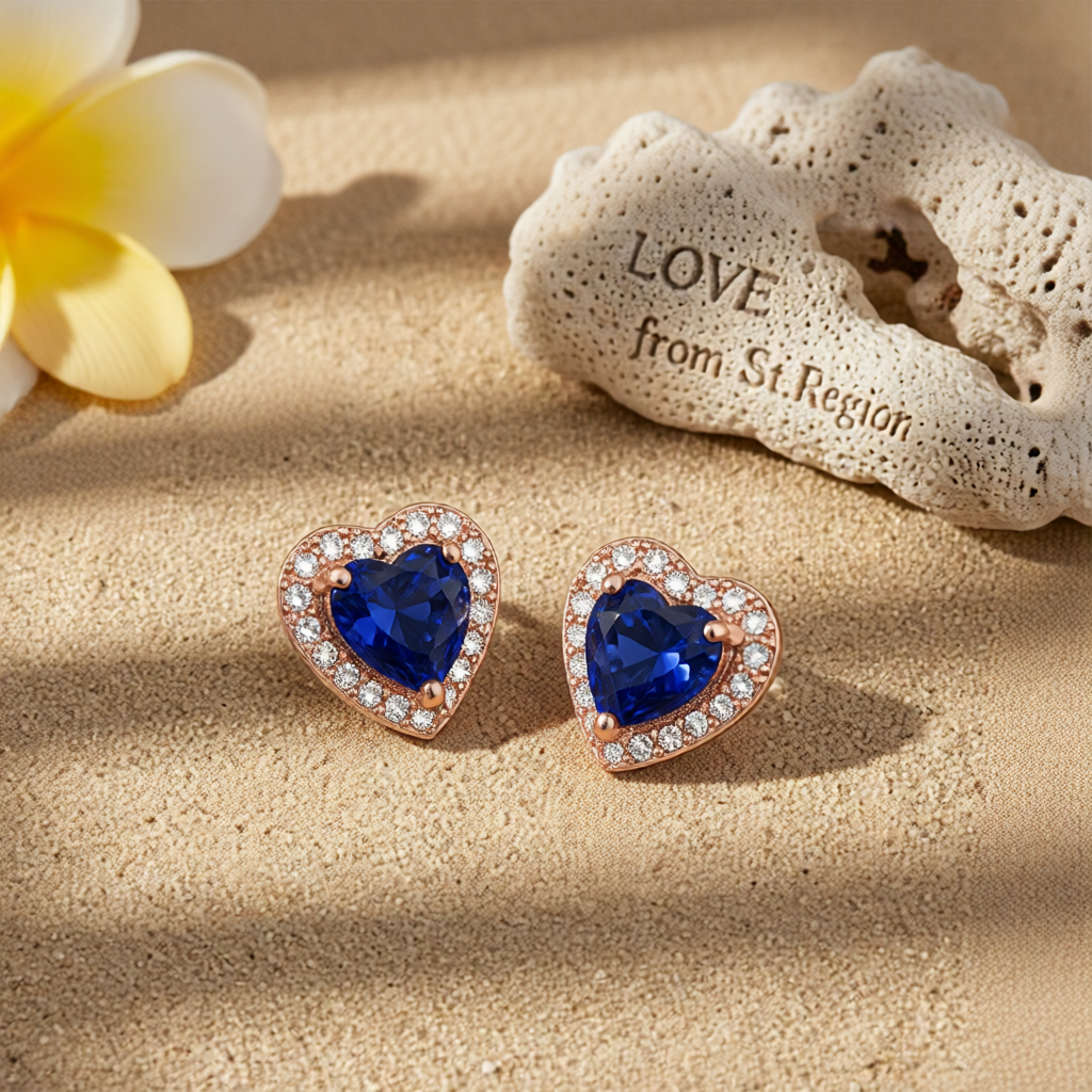 Navy Crystal & Cubic Zirconia 18K Rose Gold-Plated Halo Heart Stud Earrings