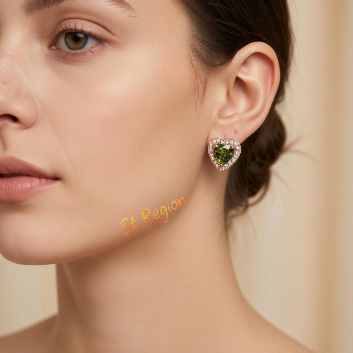 Olive Crystal & Cubic Zirconia 18K Rose Gold-Plated Halo Heart Stud Earrings